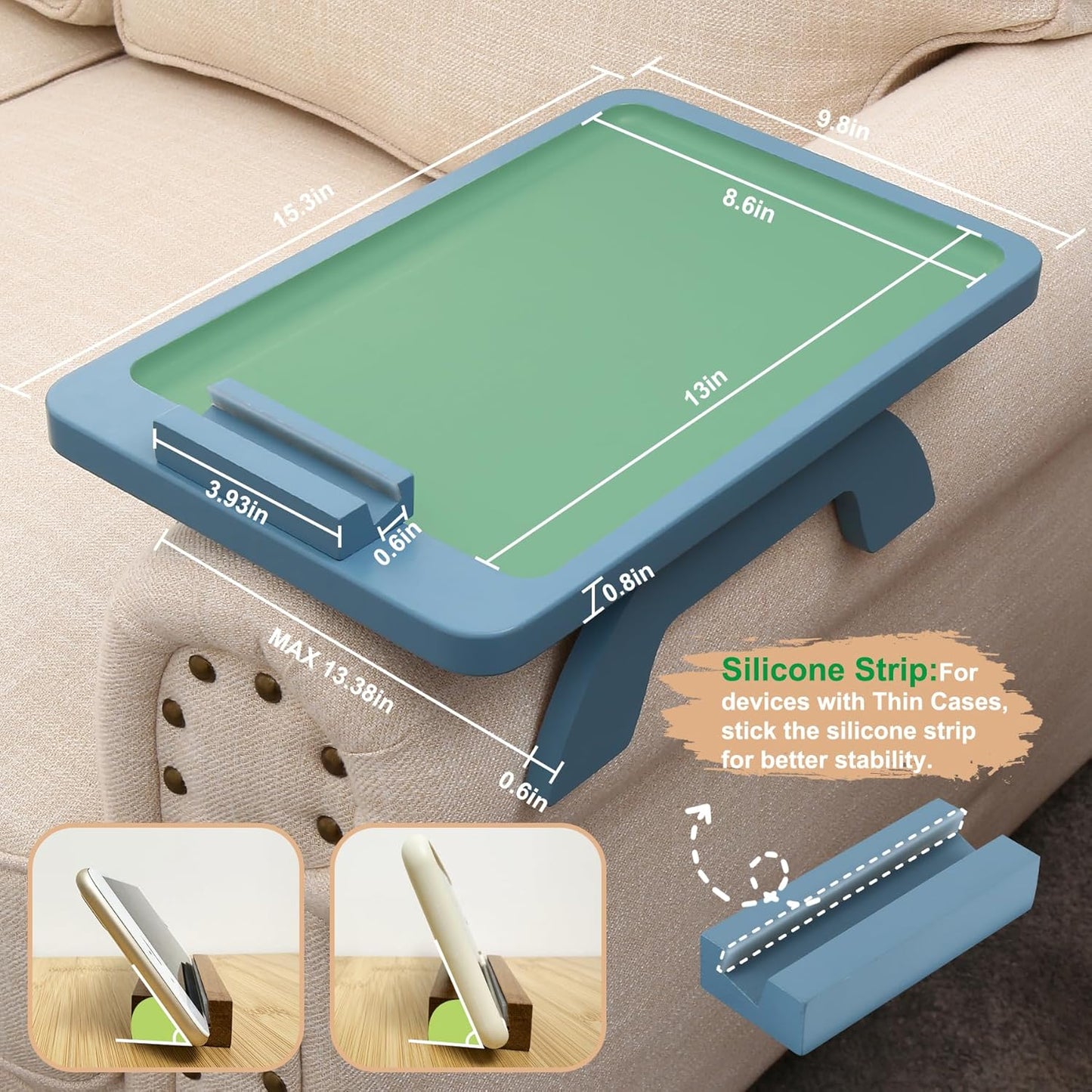 Couch Arm Table, Bamboo Sofa Clip on Tray Tables,Sofa Armrest Tray with 360° Phone Holder,Couch Armrest Table for Eating and Drinking