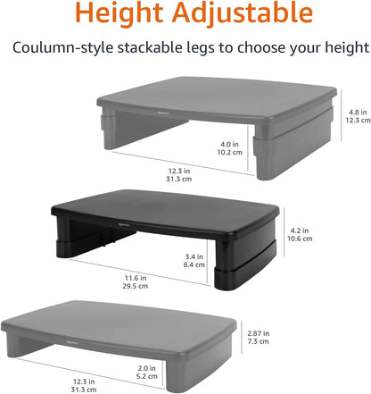 Height Adjustable Rectangular Computer Monitor Riser Desk Stand with Storage for Reduced Neck Strain - Fits Monitors, Laptops up to 22Lbs, Black