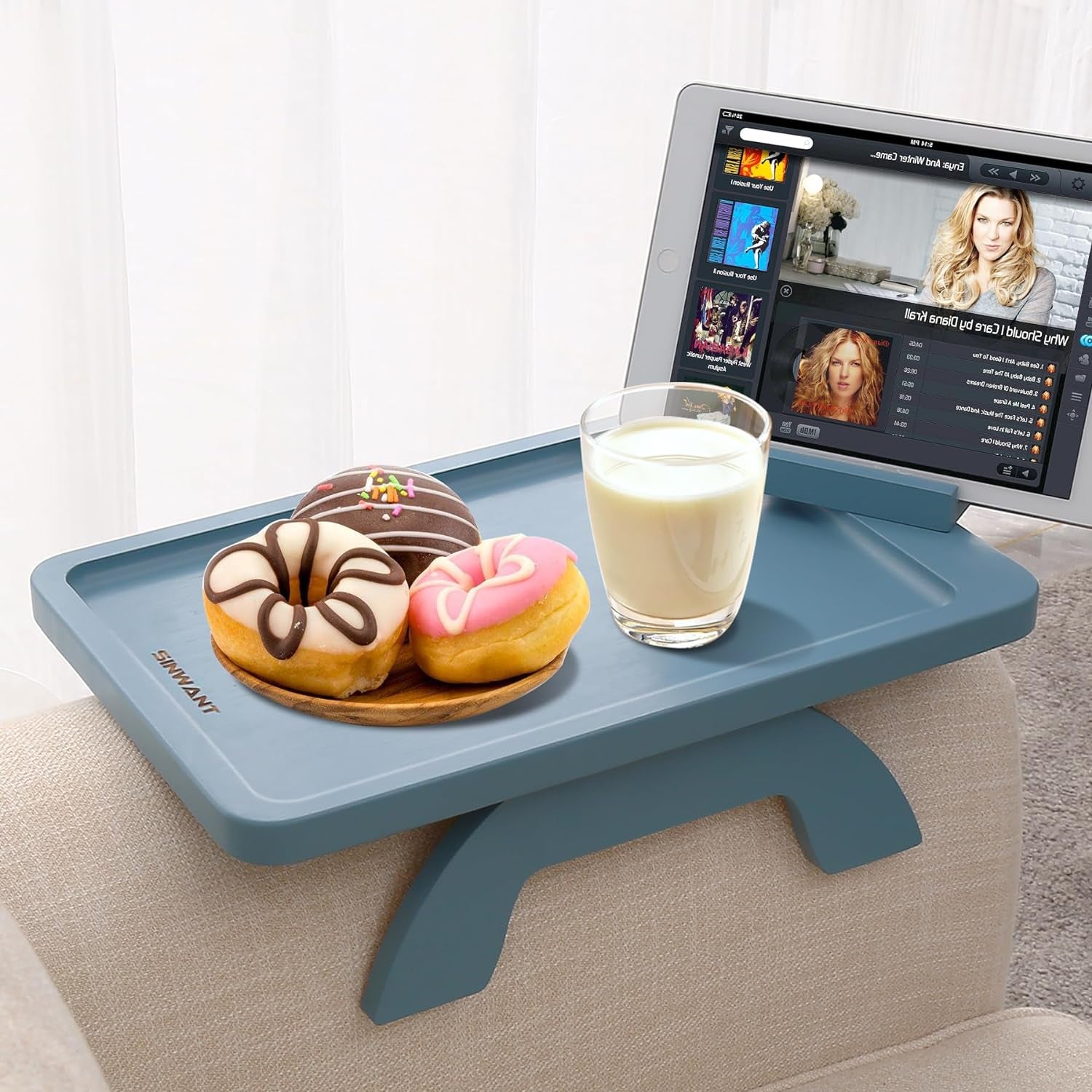 Couch Arm Table, Bamboo Sofa Clip on Tray Tables,Sofa Armrest Tray with 360° Phone Holder,Couch Armrest Table for Eating and Drinking