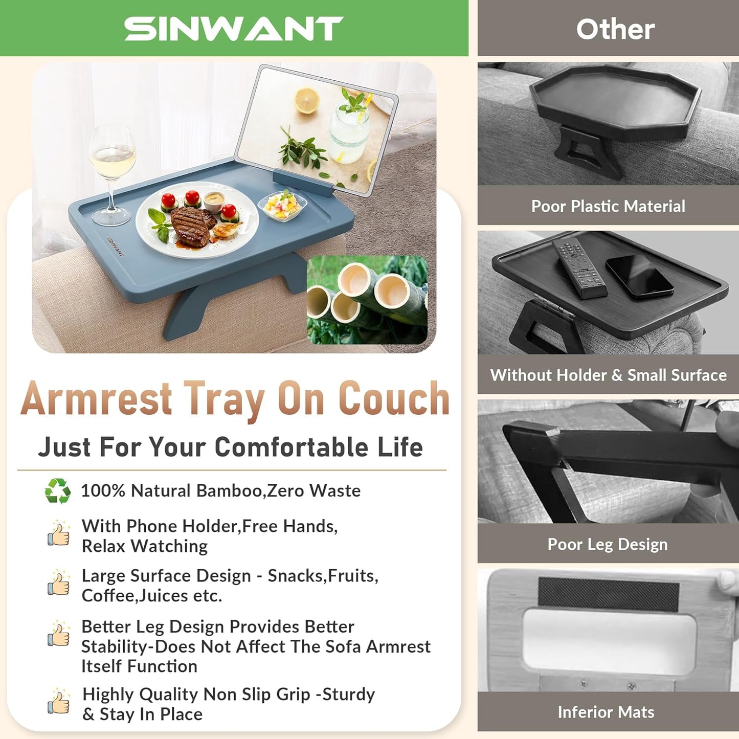 Couch Arm Table, Bamboo Sofa Clip on Tray Tables,Sofa Armrest Tray with 360° Phone Holder,Couch Armrest Table for Eating and Drinking