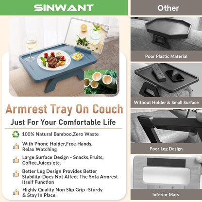Couch Arm Table, Bamboo Sofa Clip on Tray Tables,Sofa Armrest Tray with 360° Phone Holder,Couch Armrest Table for Eating and Drinking