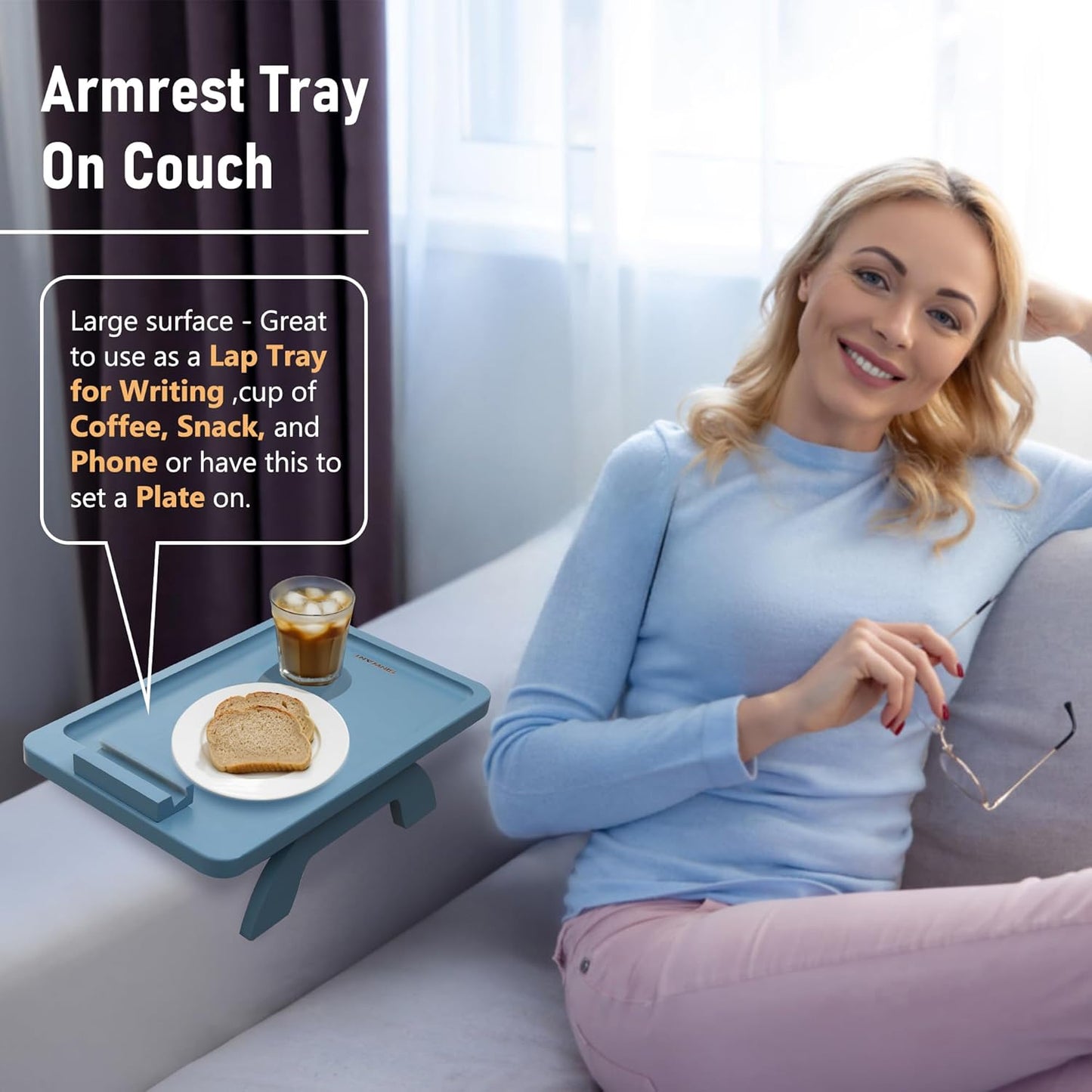 Couch Arm Table, Bamboo Sofa Clip on Tray Tables,Sofa Armrest Tray with 360° Phone Holder,Couch Armrest Table for Eating and Drinking